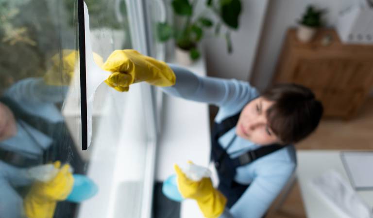Professional cleaner in uniform trying to clean hard-to-reach window using a brush.