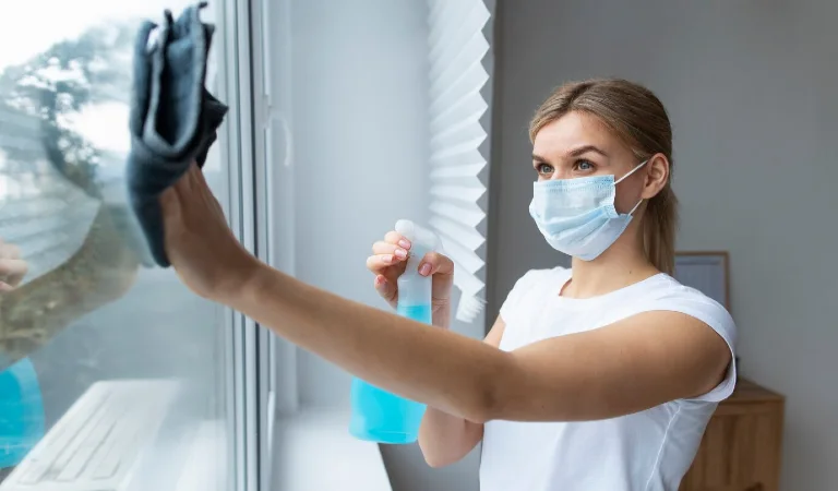 Lady in white top and mask cleaning window
