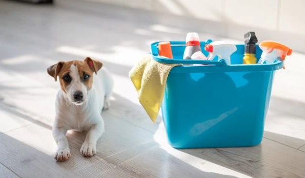 home cleaning products in a bucket and pet beside it