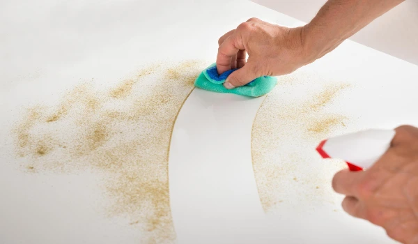 Male janitor cleaning counter