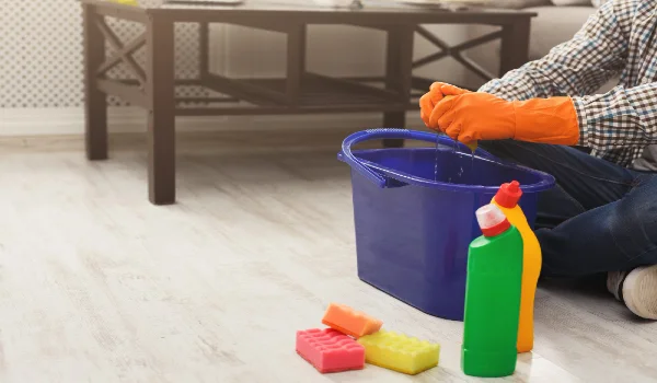 Tidying up with detergents on floor in living room. Housekeeping and home cleaning concept