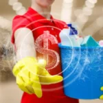 A cleaning lady clicks on a dollar hologram on a blurred background
