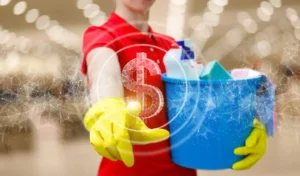 A cleaning lady clicks on a dollar hologram on a blurred background