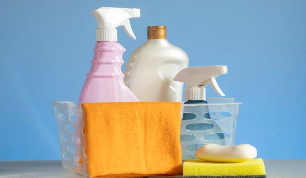 Basket with cleaning products for home hygiene use